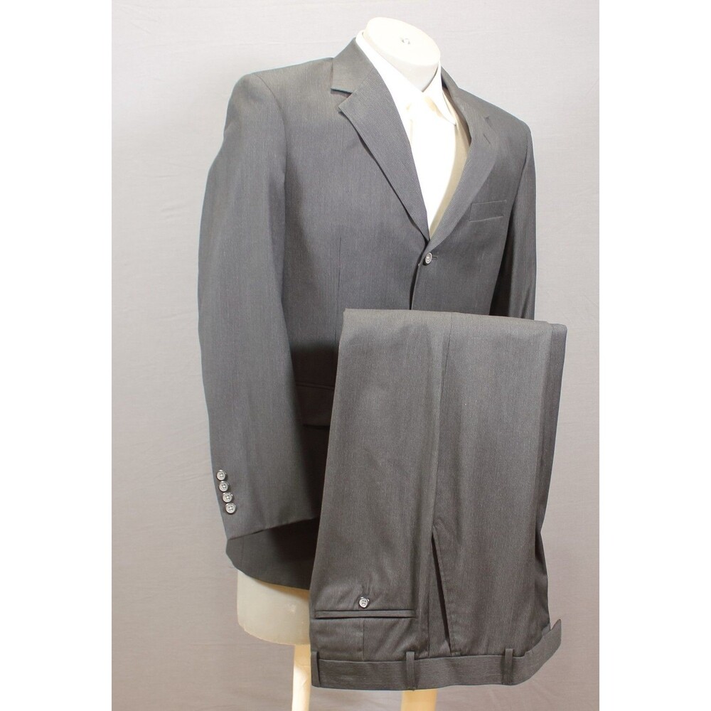 Retro 2 Pc Suit Mens 43 Black Striped 3 Btn Polyester Blend 40R Flat Fronts 31 W - Picture 2 of 11